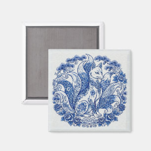 Nine-Tailed Fox Kitsune Imari Stijl Blauw Wit Magneet