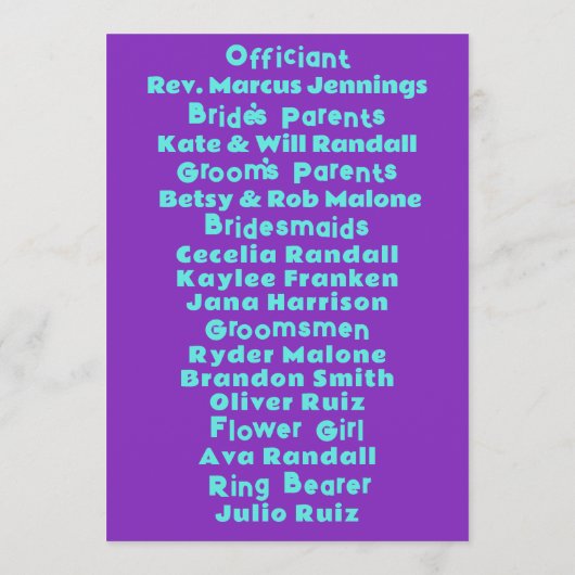 Nineties Paarse op Blauwgroen bruiloft Programmakaart (Achterkant)