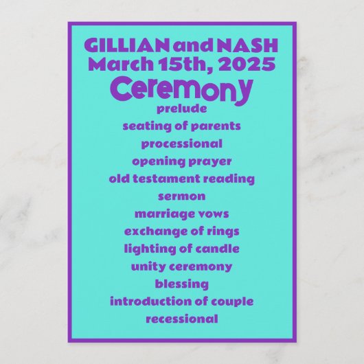 Nineties Paarse op Blauwgroen bruiloft Programmakaart (Voorkant)