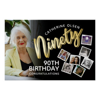 Ninety gold 90th Birthday 8 photos on black Perfect Poster