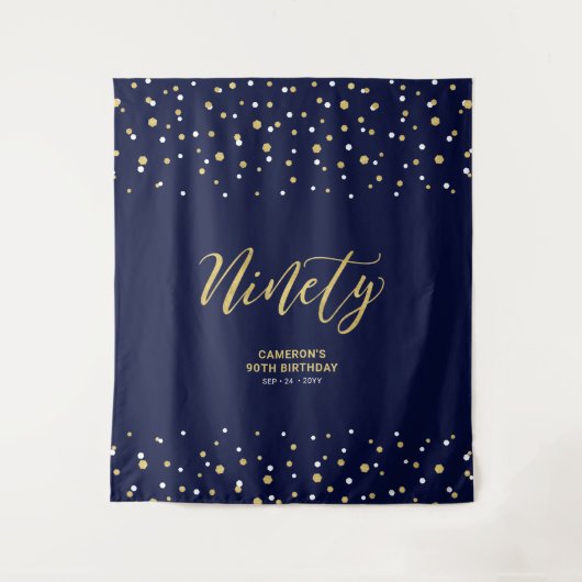 Ninety Gold & Navy 90ste verjaardagsfeest achtergr Wandkleed (Voorkant)