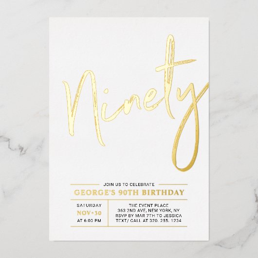 Ninety | Modern Gouden 90e Verjaardagsfeest Folie Uitnodiging (Voorkant)