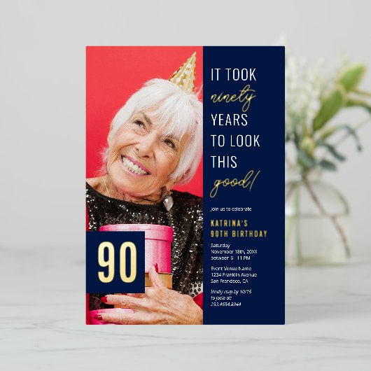 Ninety Photo Blue & Gold 90ste verpartij Echt Folie Uitnodiging (Staand Voorkant)