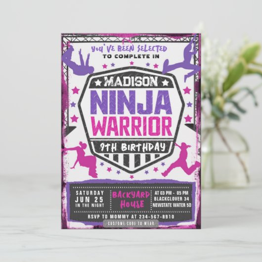 Ninja Athletic Warrior Roze Paarse Verjaardagsfees Kaart (Staand voorkant)