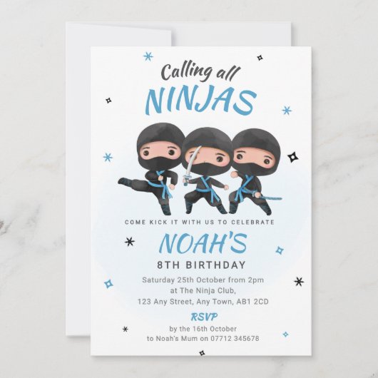 Ninja Birthday Invitation - Blue Karate Party Kaart (Voorkant)