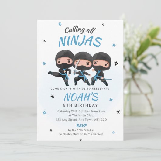 Ninja Birthday Invitation - Blue Karate Party Kaart (Staand voorkant)