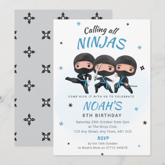 Ninja Birthday Invitation - Blue Karate Party Kaart (Voorkant / Achterkant)