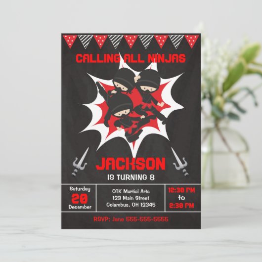 Ninja Birthday Invitation, Karate Ninja Party Kaart (Staand voorkant)