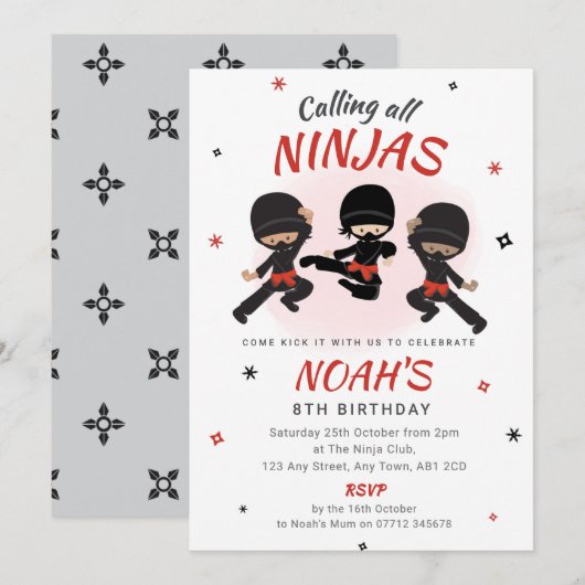 Ninja Birthday Invitation - Red Karate Party Kaart (Voorkant / Achterkant)