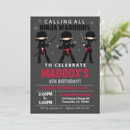 Ninja Birthday Invitation Red Ninja Kaart (Staand voorkant)