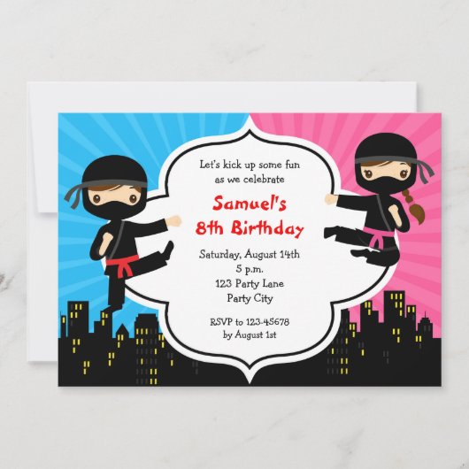 Ninja Birthday Invitations Boy Girl Twins Split Kaart (Voorkant)