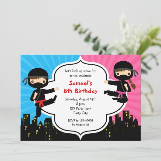 Ninja Birthday Invitations Boy Girl Twins Split Kaart (Staand voorkant)