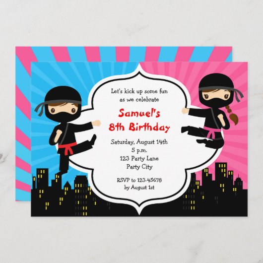 Ninja Birthday Invitations Boy Girl Twins Split Kaart (Voorkant / Achterkant)