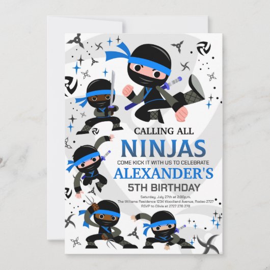 Ninja Birthday Party Invitation Karate Party Blue Kaart (Voorkant)