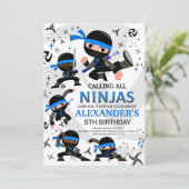 Ninja Birthday Party Invitation Karate Party Blue Kaart (Staand voorkant)