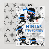 Ninja Birthday Party Invitation Karate Party Blue Kaart (Voorkant / Achterkant)