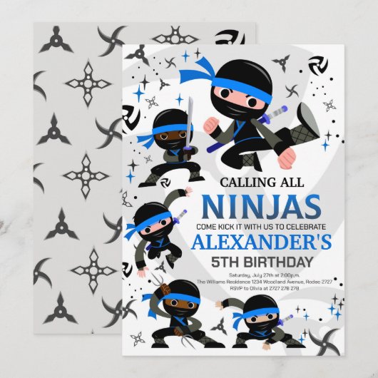 Ninja Birthday Party Invitation Karate Party Blue Kaart (Voorkant / Achterkant)