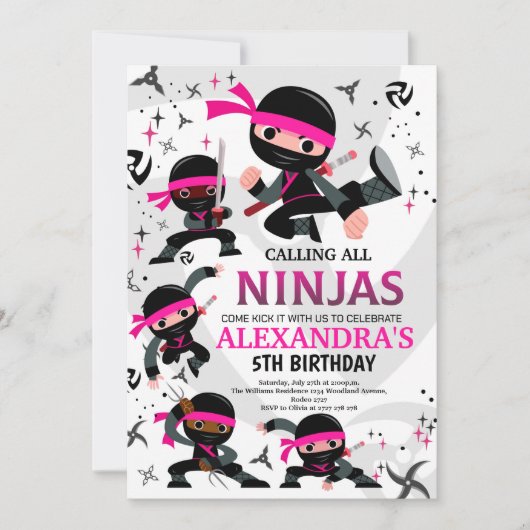 Ninja Birthday Party Invitation Karate Party Pink Kaart (Voorkant)