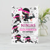 Ninja Birthday Party Invitation Karate Party Pink Kaart (Staand voorkant)