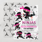 Ninja Birthday Party Invitation Karate Party Pink Kaart (Voorkant / Achterkant)