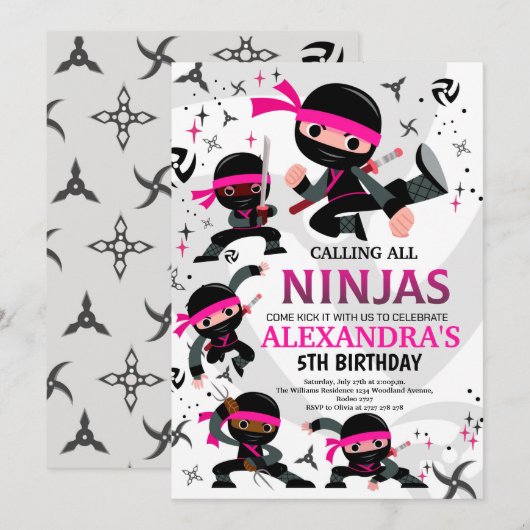 Ninja Birthday Party Invitation Karate Party Pink Kaart (Voorkant / Achterkant)
