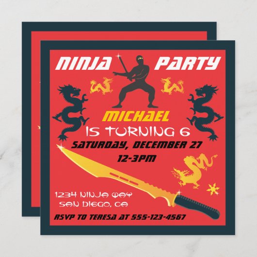 Ninja Birthday Party Invitations Kaart (Voorkant / Achterkant)