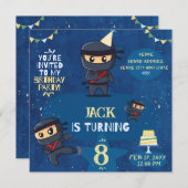 Ninja Birthday Party Invite-Blue Yellow Green Kaart (Voorkant / Achterkant)