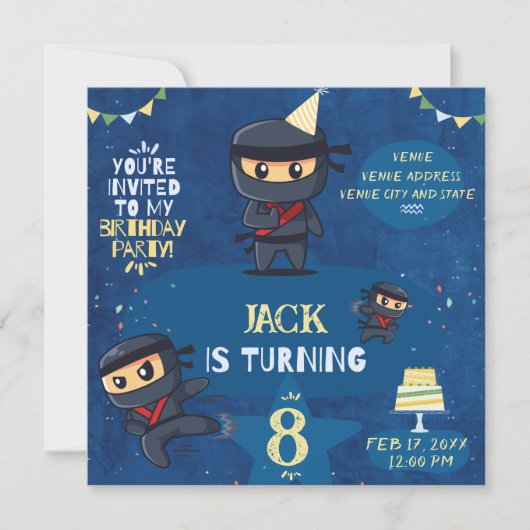 Ninja Birthday Party Invite-Blue Yellow Green Kaart (Voorkant)