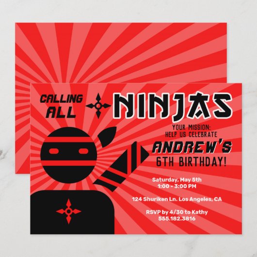 Ninja Birthday Party Kaart (Voorkant / Achterkant)