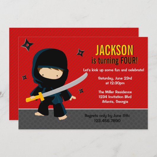 Ninja Birthday Party Kaart (Voorkant / Achterkant)