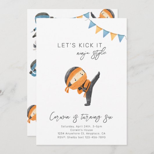 Ninja Birthday Uitnodiging | Uitnodiging van de pa (Voorkant / Achterkant)
