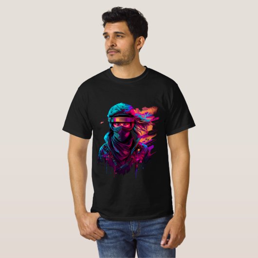 ninja Bold 80's Retro Synthwave Graphic T-shirt (Voorkant volledig)