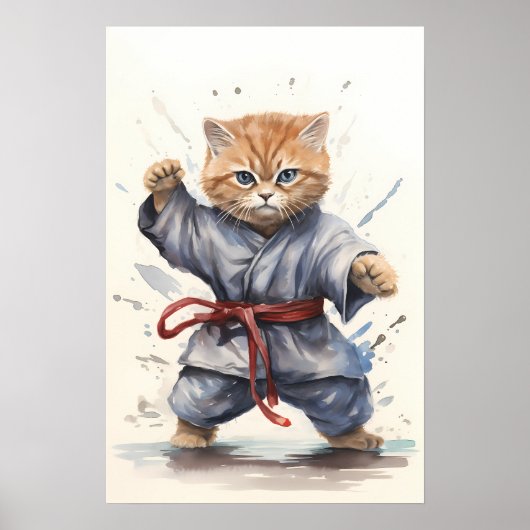 Ninja Cat: Een leuke en felle Waterverf krijger Poster (Voorkant)