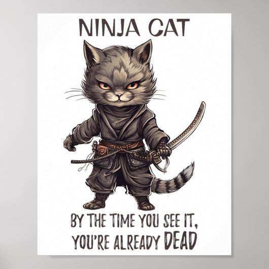 Ninja Cat, Japanse Samurai Kawaii Cat Tattoo Funn Poster (Voorkant)