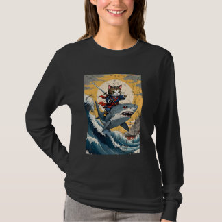 Ninja Cat Samurai Riding Shark Kawaii Anime Japane T-shirt
