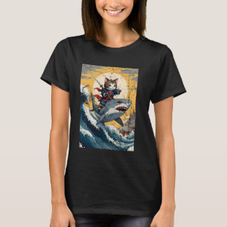 Ninja Cat Samurai Riding Shark Kawaii Anime Japane T-shirt