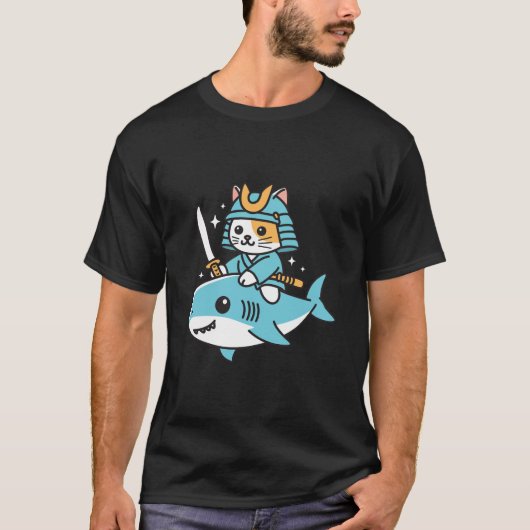 Ninja Cat Samurai Riding Shark T-shirt (Voorkant)