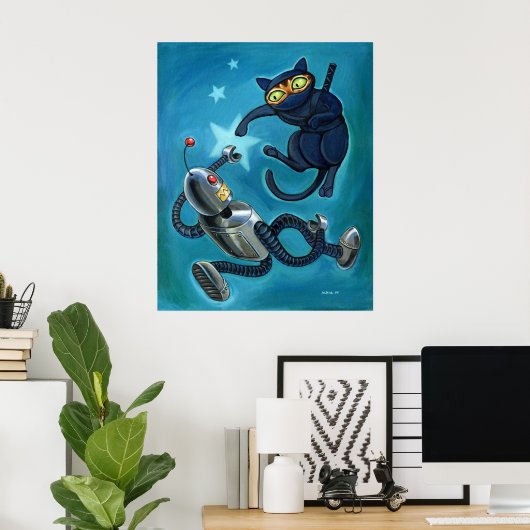 Ninja cat versus Robot Poster (Thuiskantoor)