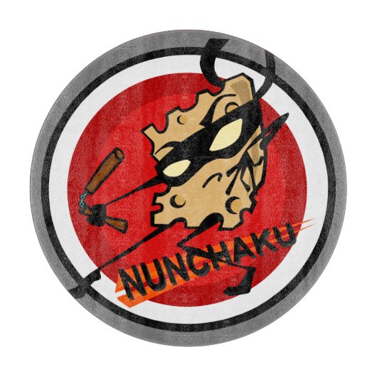 NINJA CHEESE MET NUNCHUCKS ROUND CUTTING BOARD SNIJPLANK (Voorkant)