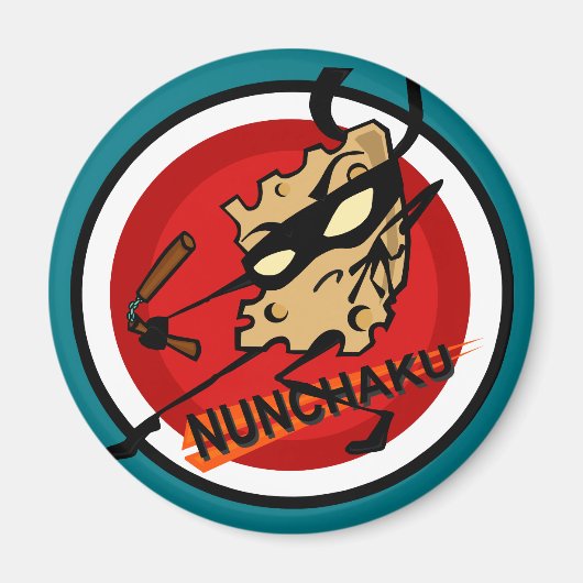 NINJA CHEEST MET NUNCHUCKS ROUND MAGNET (Voorkant)