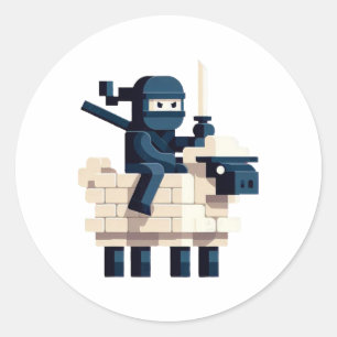Ninja die op schapen rijdt Block Style Karakter Pi Ronde Sticker