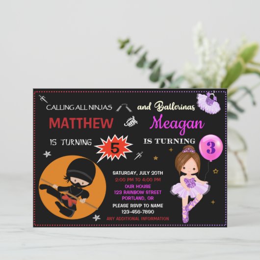 Ninja en ballerina verjaardagsuitnodiging Twee the Kaart (Staand voorkant)