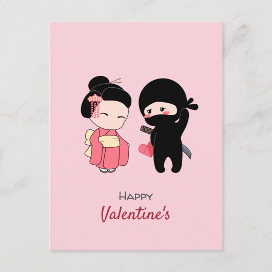 Ninja en Geisha Happy Valentijn op Roze Feestdagenkaart (Voorkant)