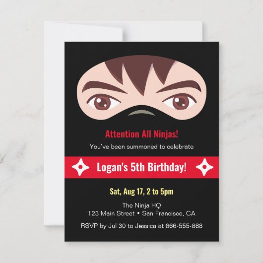 Ninja Face en Mask Kids Birthday Party Kaart (Voorkant)