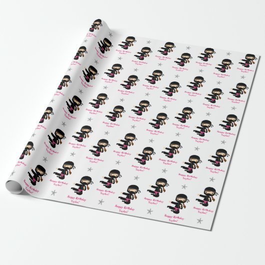 Ninja Gift Wrap Girl Pink Black Gepersonaliseerd Cadeaupapier (Uitgerold)