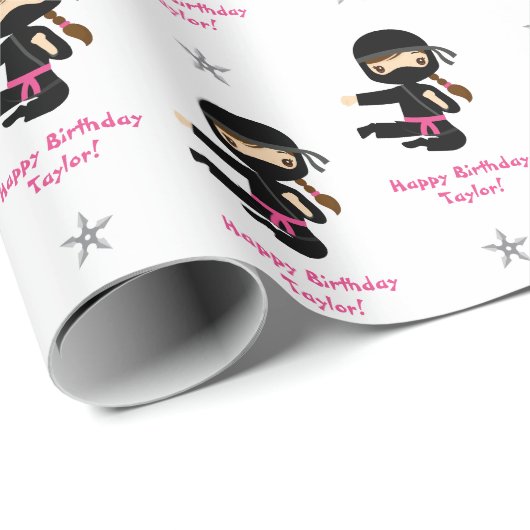 Ninja Gift Wrap Girl Pink Black Gepersonaliseerd Cadeaupapier (Rol Hoek)