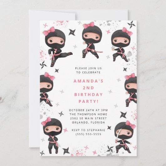 Ninja Girl Birthday Invitation, Cute Pink Karate Kaart (Voorkant)