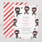 Ninja Girl Birthday Invitation, Cute Pink Karate Kaart (Voorkant / Achterkant)