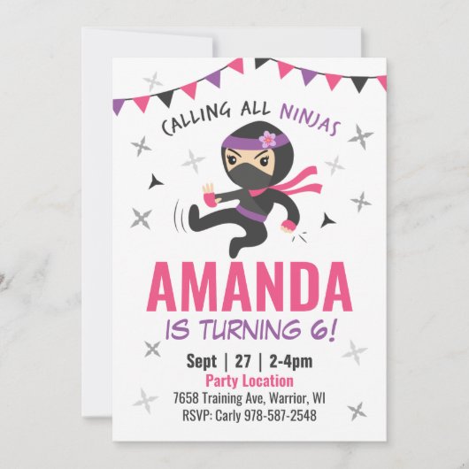 Ninja Girl Verjaardagsuitnodiging, Schattige Roze  Kaart (Voorkant)