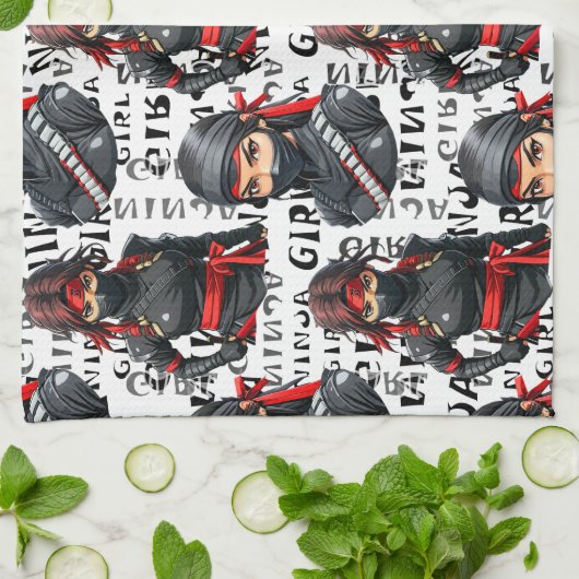 Ninja Girls Anime With Text Pattern Design Theedoek (Gevouwen)